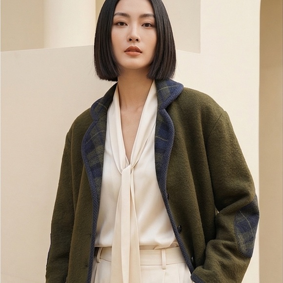 no name Jackets & Blazers - Olive Green Wool-Blend Spring/Fall Coat - Plaid Elbow Patches -